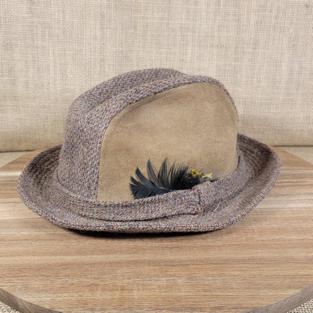 Vintage Globe Master Fedora Tweed Suede Hat‎ Feather Accent  Mens Size Small